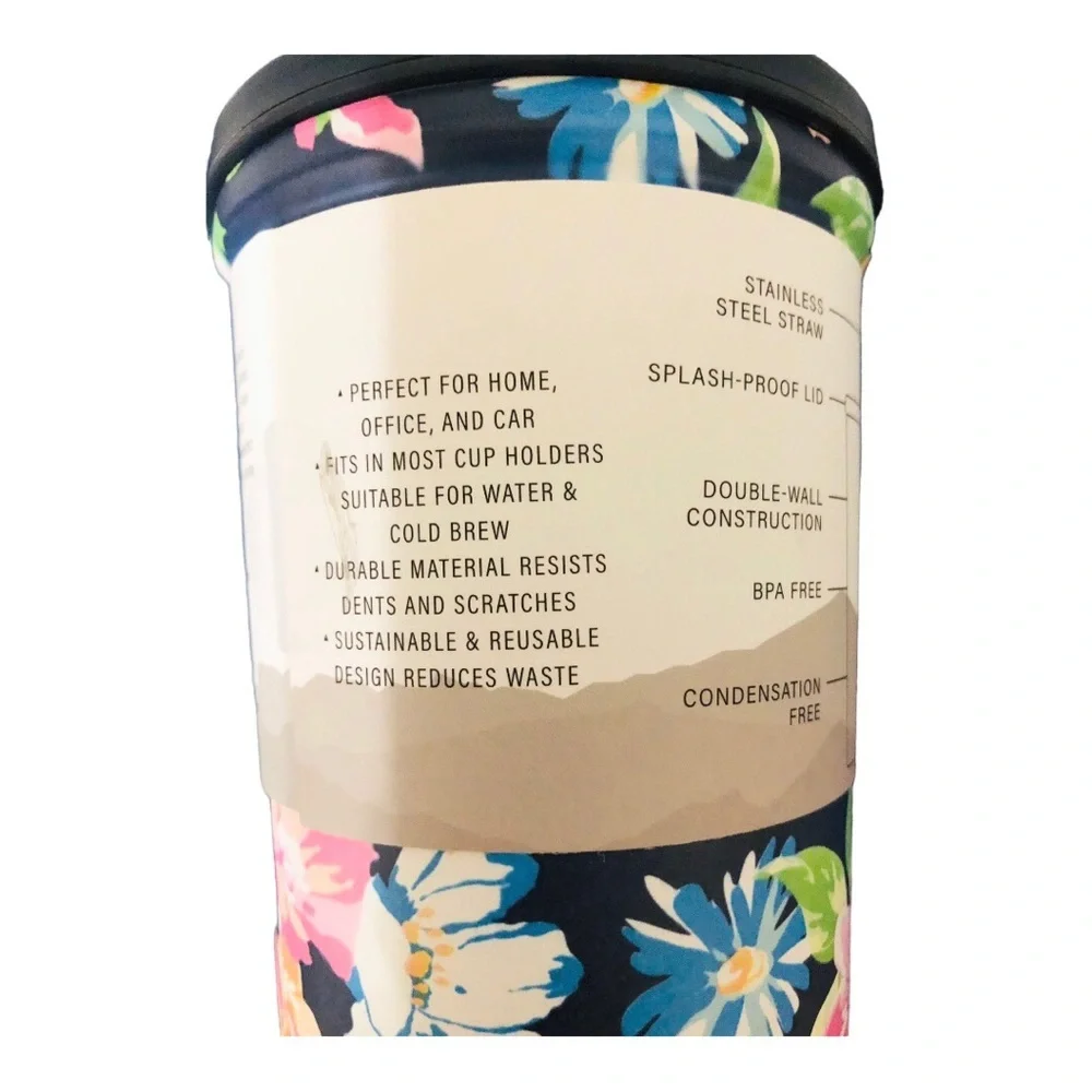 Hydrogear 24oz double wall insulated‎ stainless steel floral tumbler & straw new